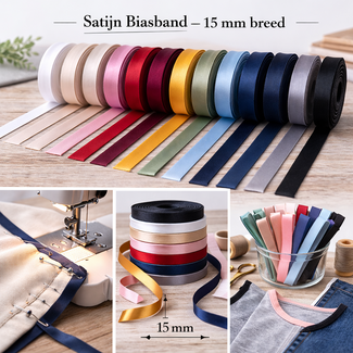 Satijn biasband 15 mm – diverse kleuren | per meter of per rol (25 meter)