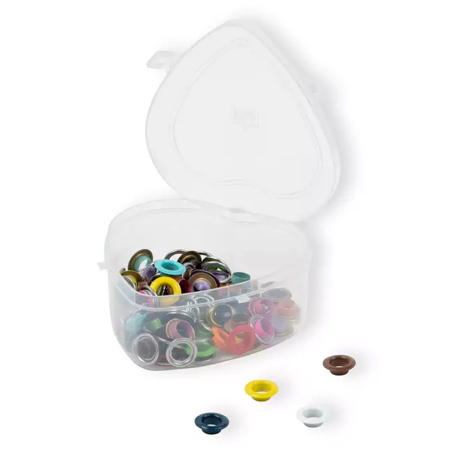 Prym Ösen mit Scheiben, verschiedene Farben, in einer herzförmigen Box