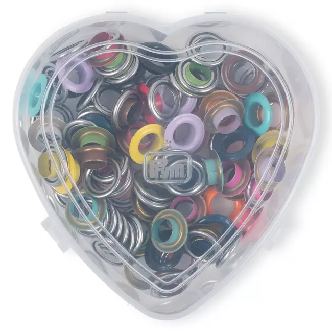 Prym Oogjes met ringen, diverse kleuren, in een hartvormig doosje