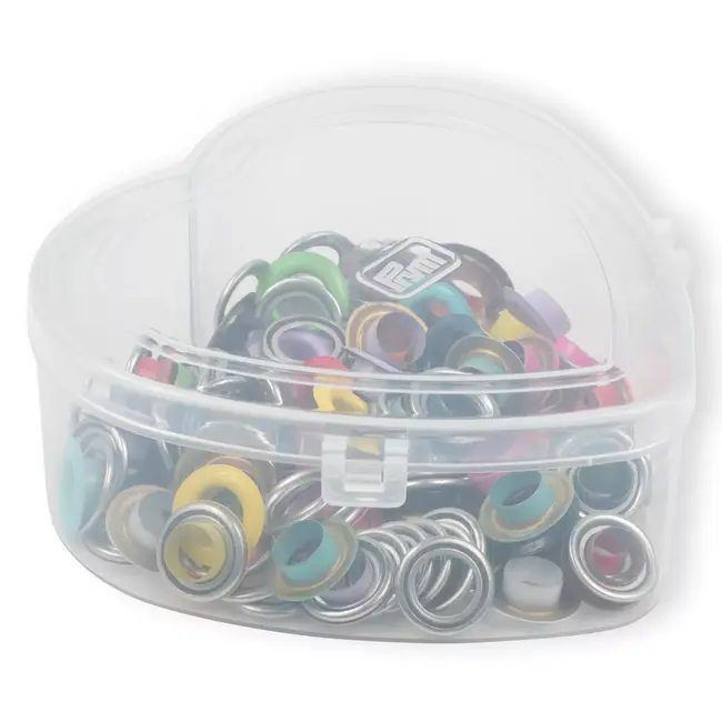 Prym Oogjes met ringen, diverse kleuren, in een hartvormig doosje