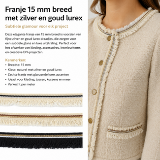 Huismerk Franje 15 mm met Zilver en Goud Lurex kopen? Luxe Sierband | GEOWÉ.nl