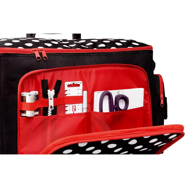 Prym Naaimachine-trolley, zwart met witte stippen en rode ritsen