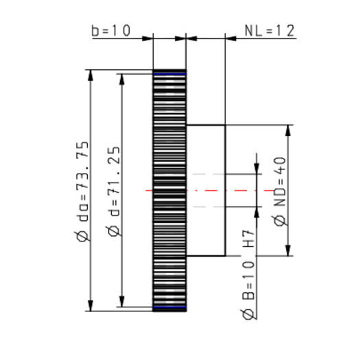 DTS-Products Recht gefreesd tandwiel moduul 1.25 Z = 57