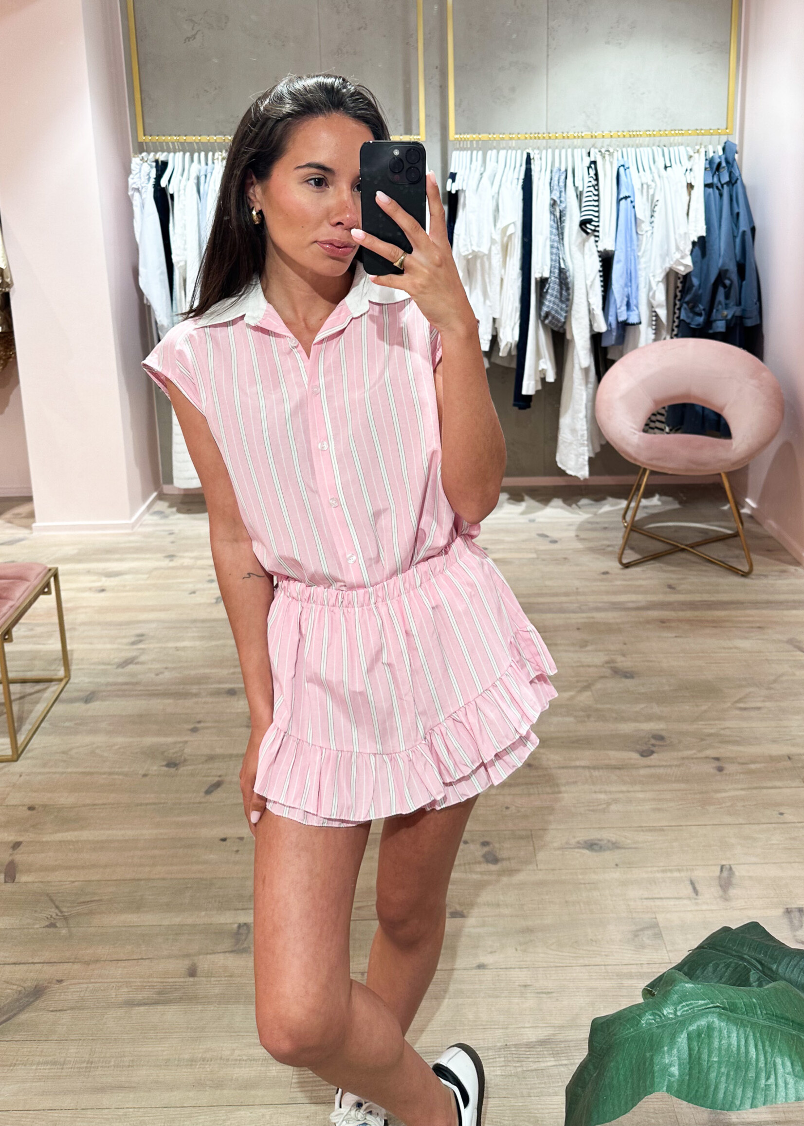 Setje blouse sleevless + short streepjes – Pink