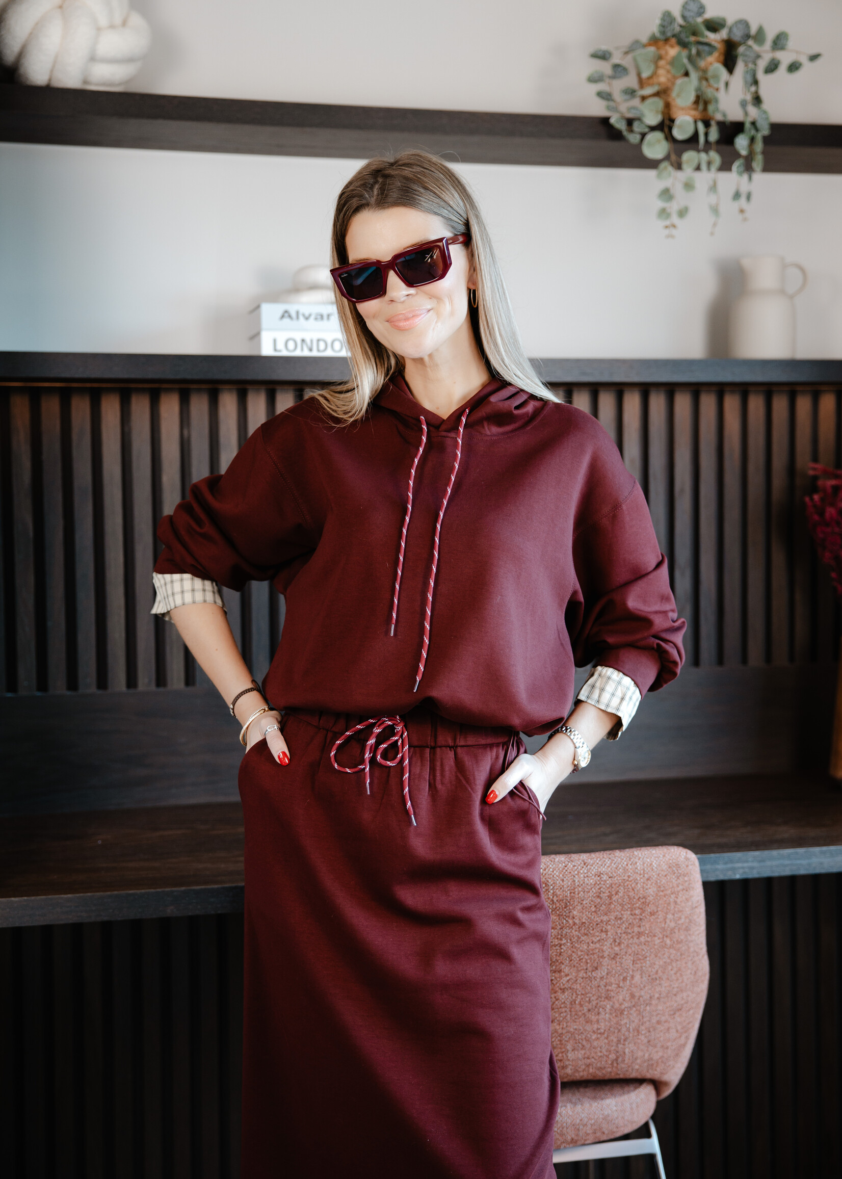 Set trui met kap lange rok Bordeaux