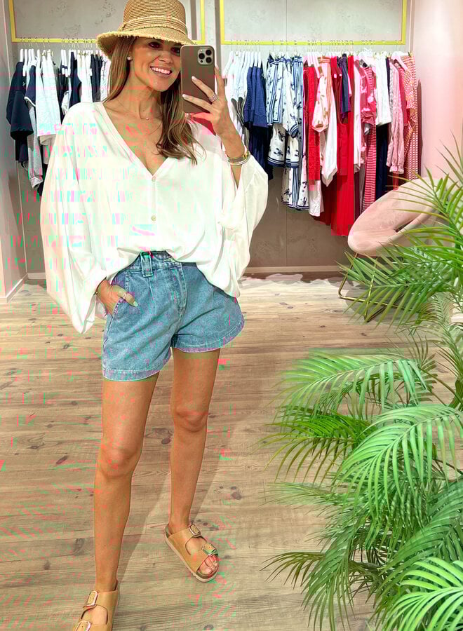 Blouse satin vhals met knoopjes – White