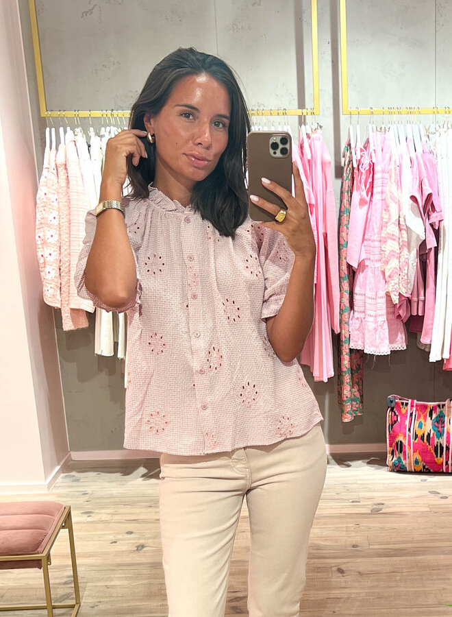 Blouse korte mouw ruffle broderie bloem – Pink
