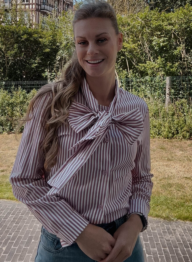 Blouse met strik streepjes – Pink