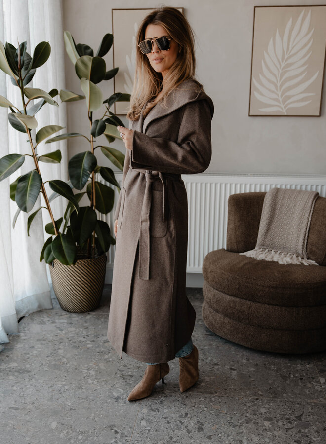 Mantel met kap en riem – Taupe