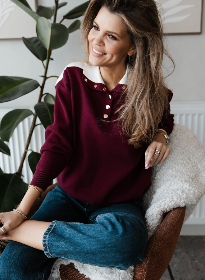 Trui met boord creme – Bordeaux