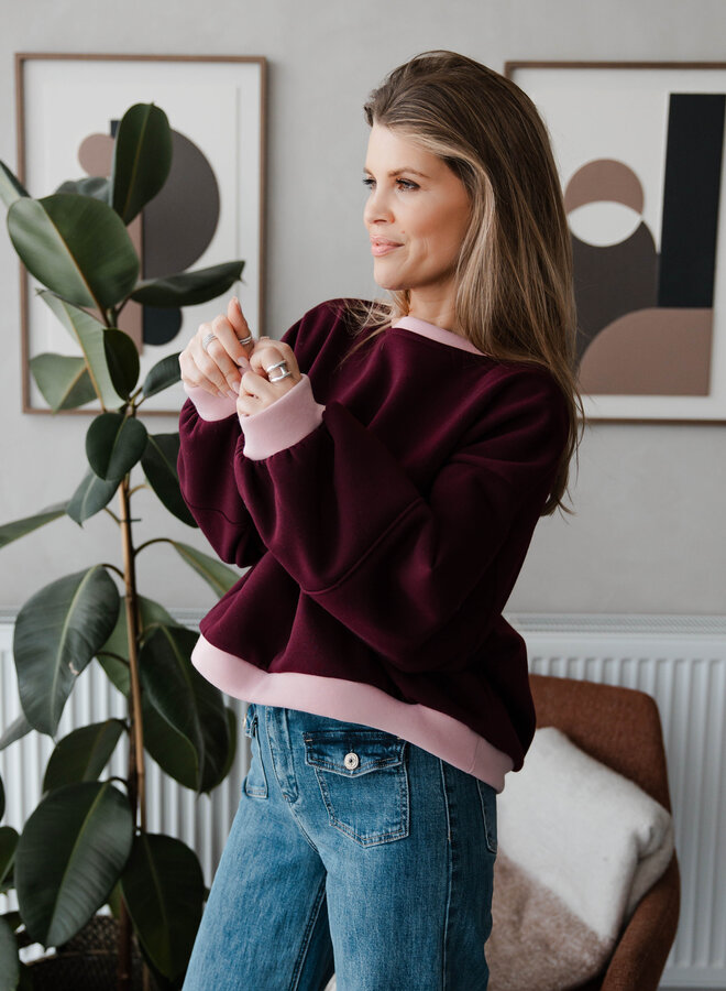Sweater met boord – Bordeaux /Pink