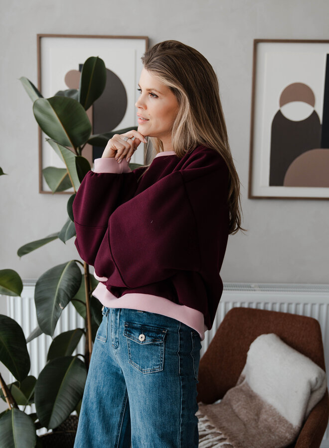 Sweater met boord – Bordeaux /Pink