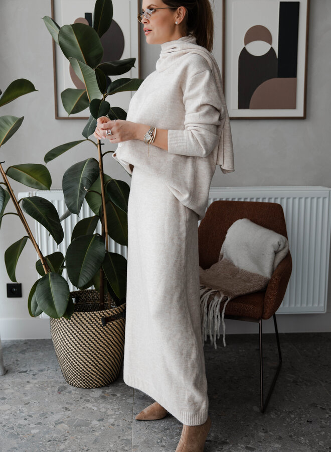 Set knitwear + rok + Sjaal – Beige