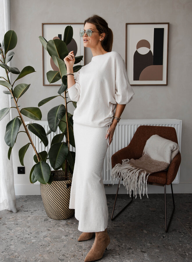 Set knitwear trui boothals + rok soft – Beige