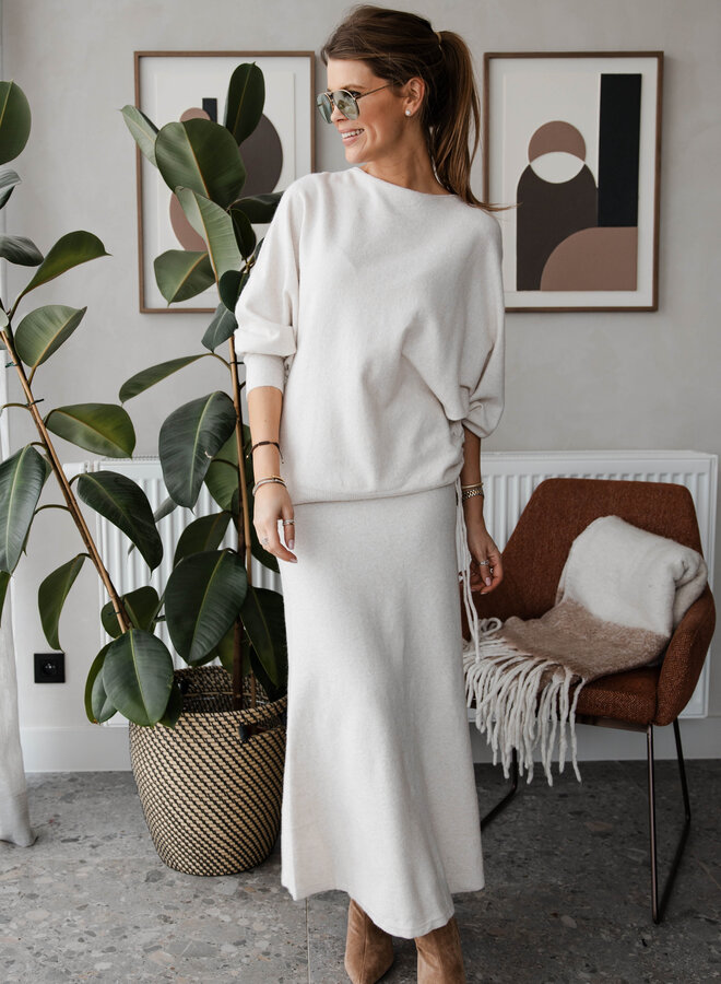 Set knitwear trui boothals + rok soft – Beige
