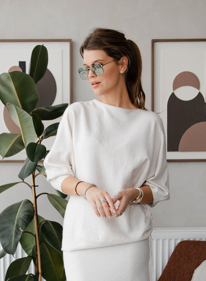 Set knitwear trui boothals + rok soft – Beige