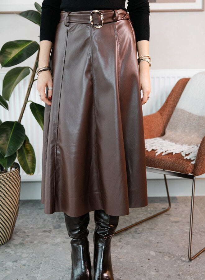 Rok midi in simili leder met ceinture – Brown