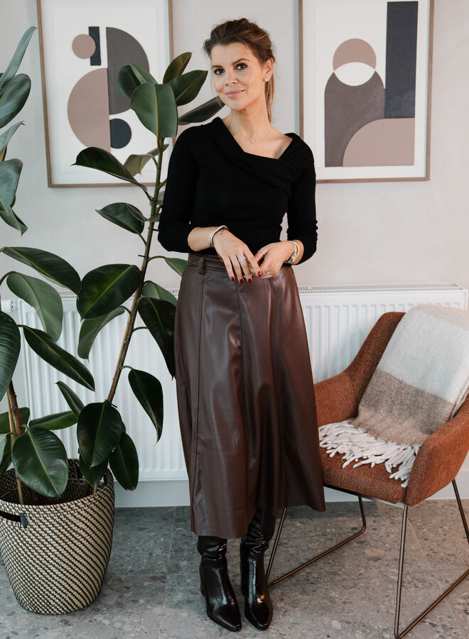 Rok midi in simili leder met ceinture – Brown