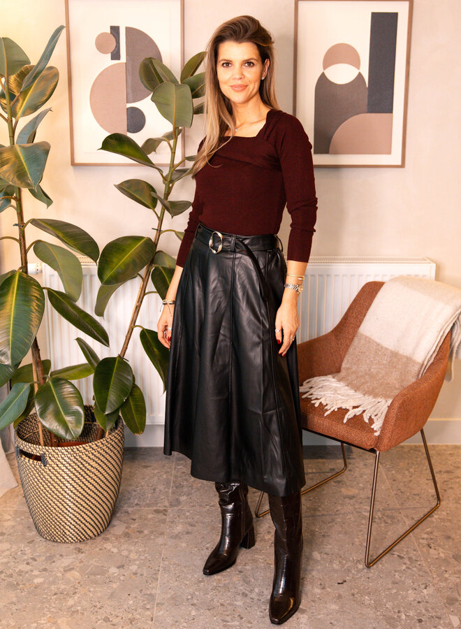 Rok midi in simili leder met ceinture – Black