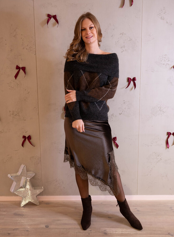 Trui met ruit off shoulders – Grey