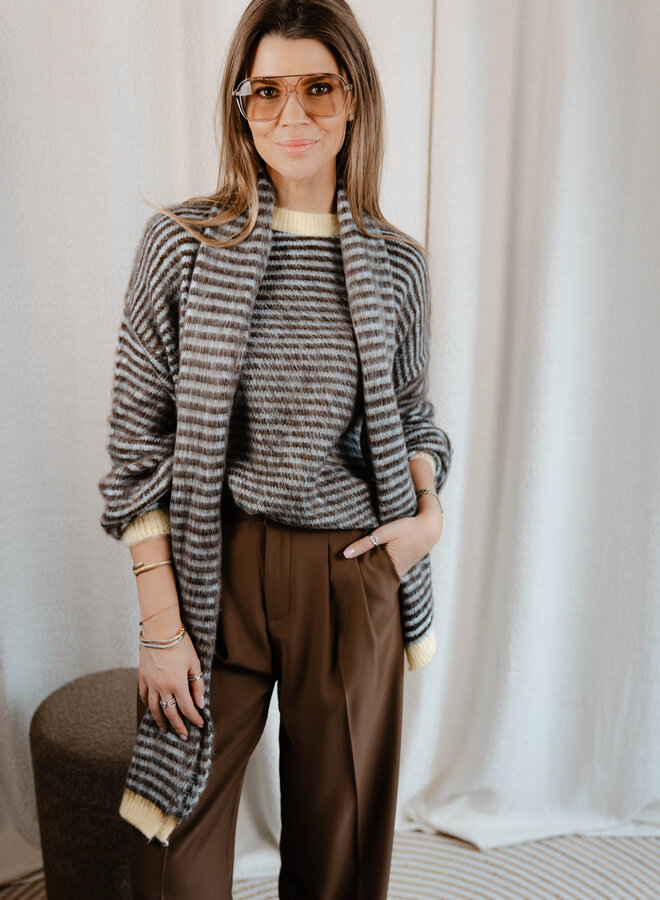 Aurore trui knit met sjaal streepjes – Choco