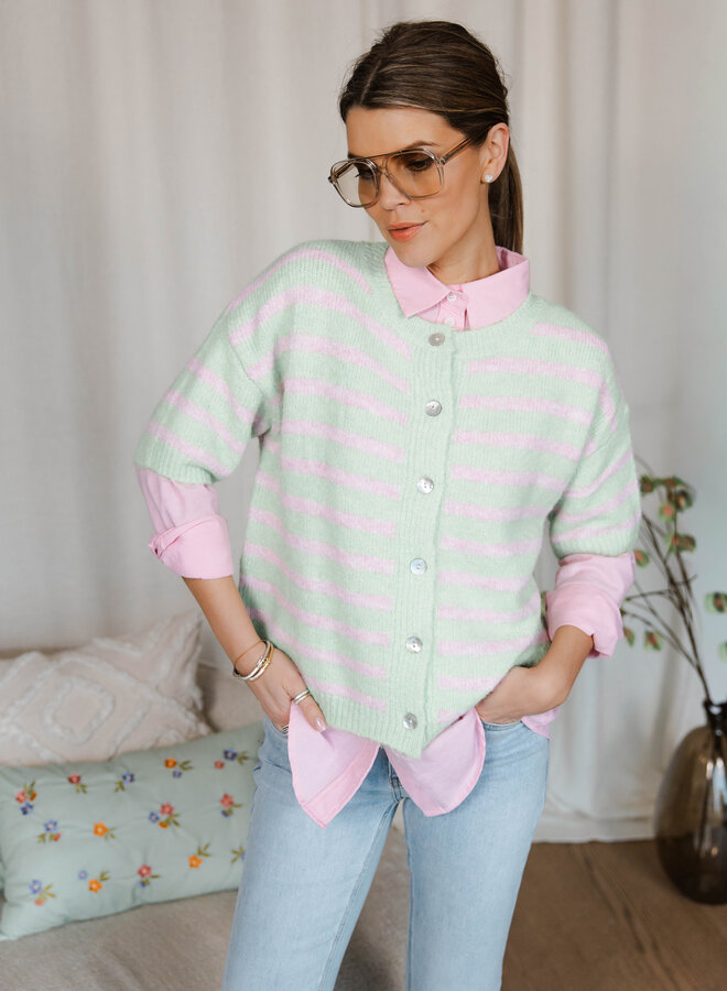 Estella cardigan kort mouwtje strepen – Green