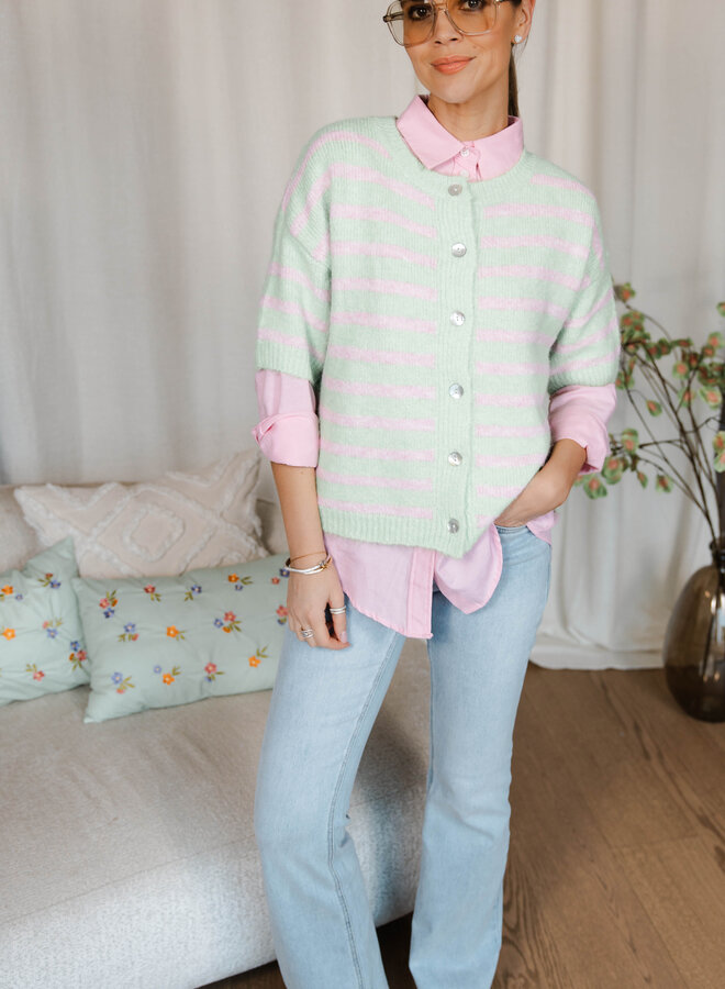 Estella cardigan kort mouwtje strepen – Green