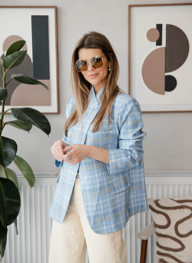 Amori Blazer schuine hals carreaux – Light Blue