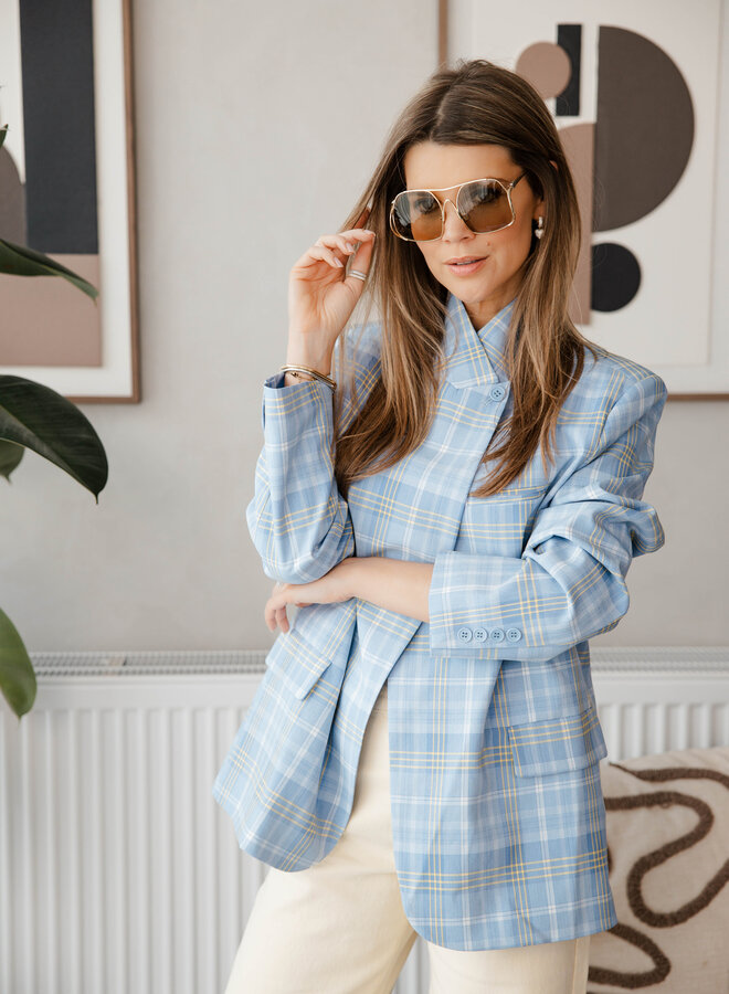 Amori Blazer schuine hals carreaux – Light Blue