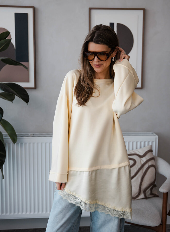 Melania sweater met kant onder assymetrisch – Yellow