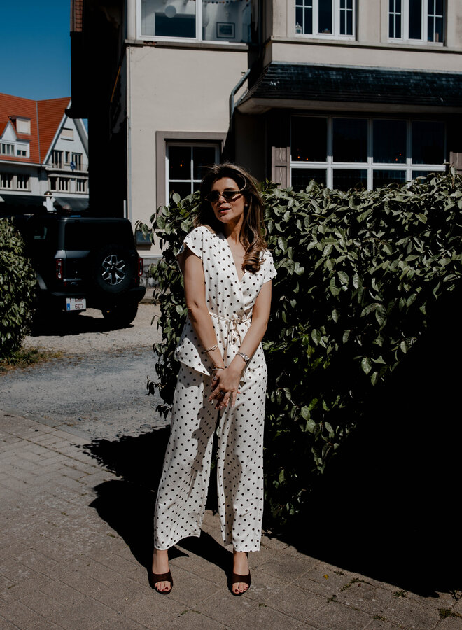 Jolien set broek + overslag top polka dots – Beige