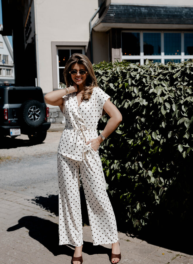 Jolien set broek + overslag top polka dots – Beige