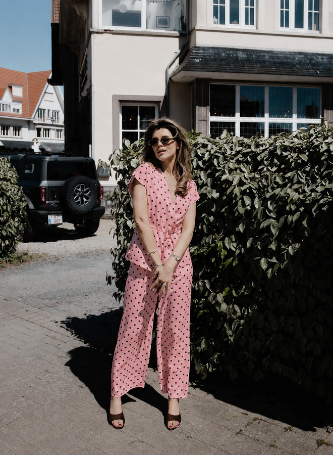 Jolien set broek + overslag top polka dots – Pink