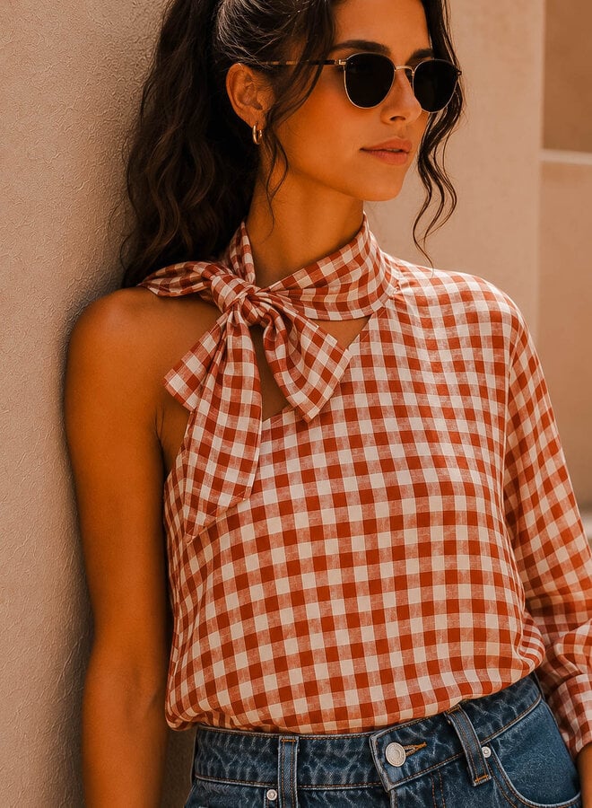 Camille top carreaux shoulder – Choco