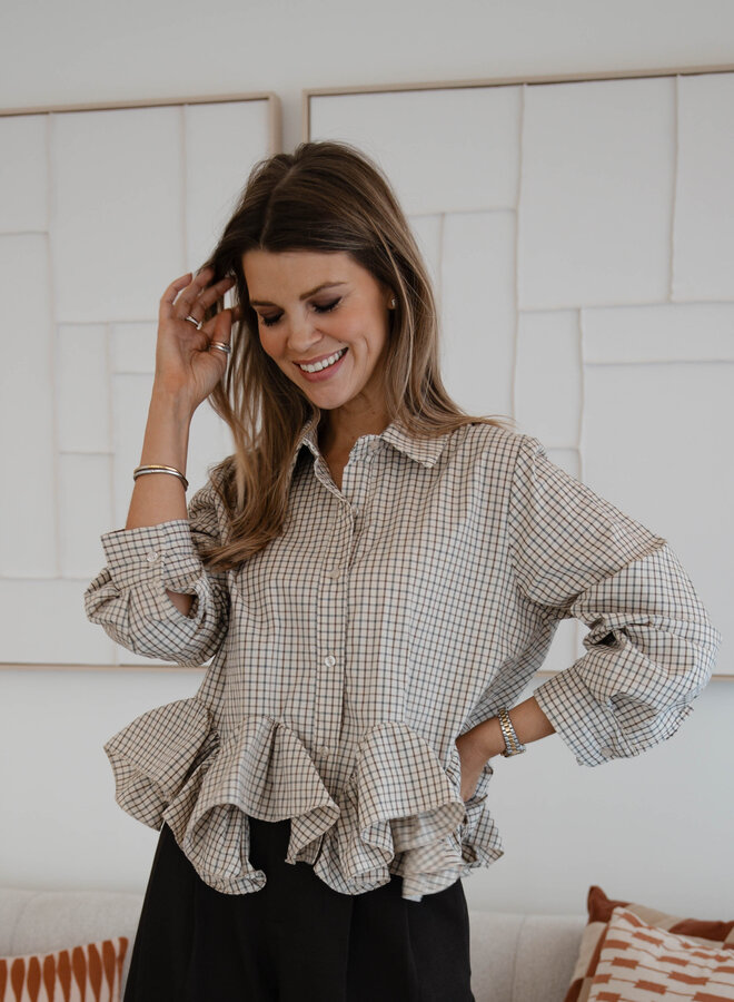 Giulia blouse carreaux ruffle – Beige