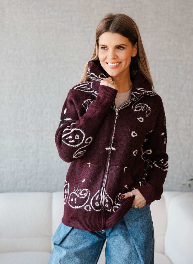 Jill cardigan rits met col paisley print – Brugundy