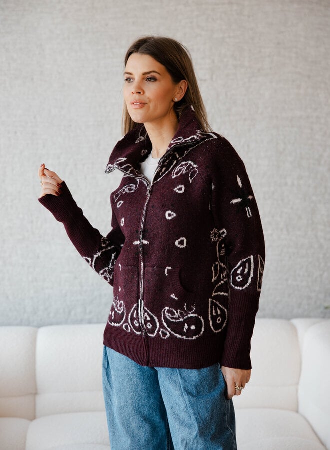Jill cardigan rits met col paisley print – Brugundy