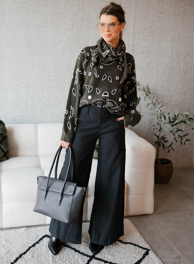 Fiona knitwear met sjaaltje paisley print – Kaki