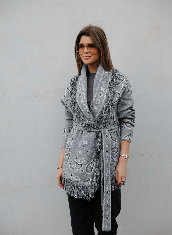 Hailey cardigan geknoopt ruffle paisley print – Grey
