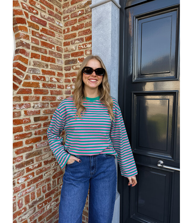 Gestreepte longsleeve groen-roze