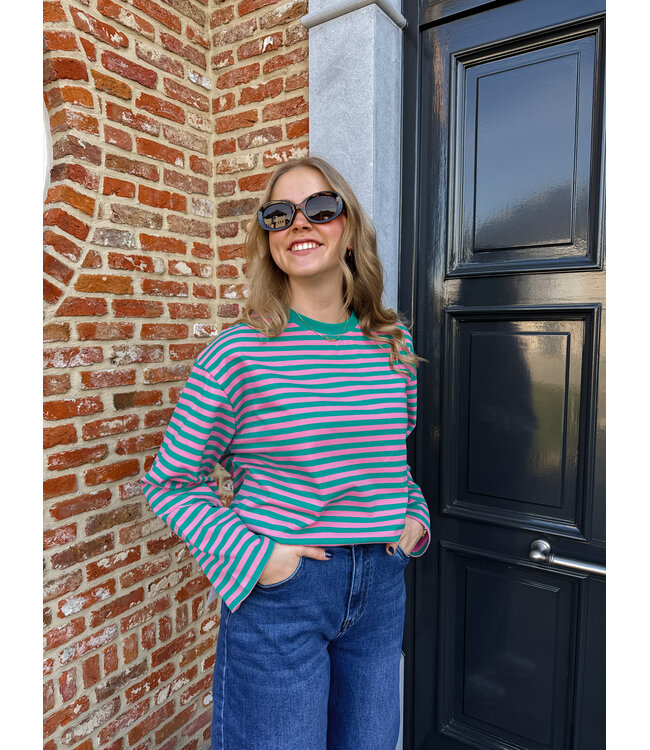 Gestreepte longlseeve groen-roze