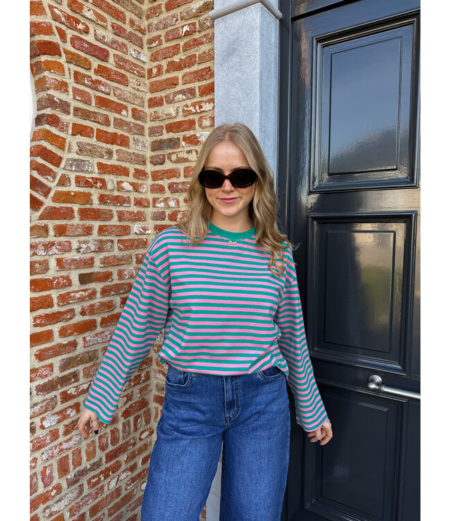 Gestreepte longsleeve groen-roze