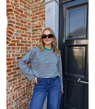 Gestreepte longsleeve groen-roze
