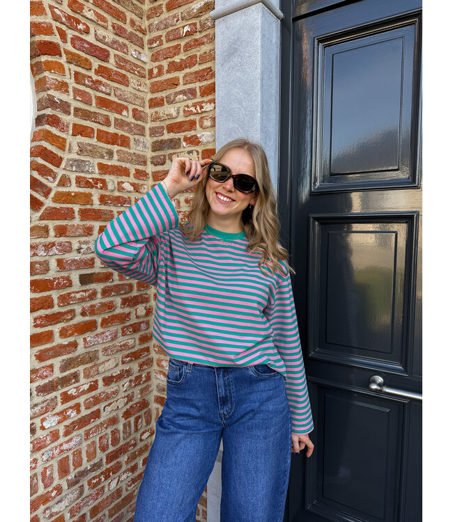 Gestreepte longsleeve groen-roze