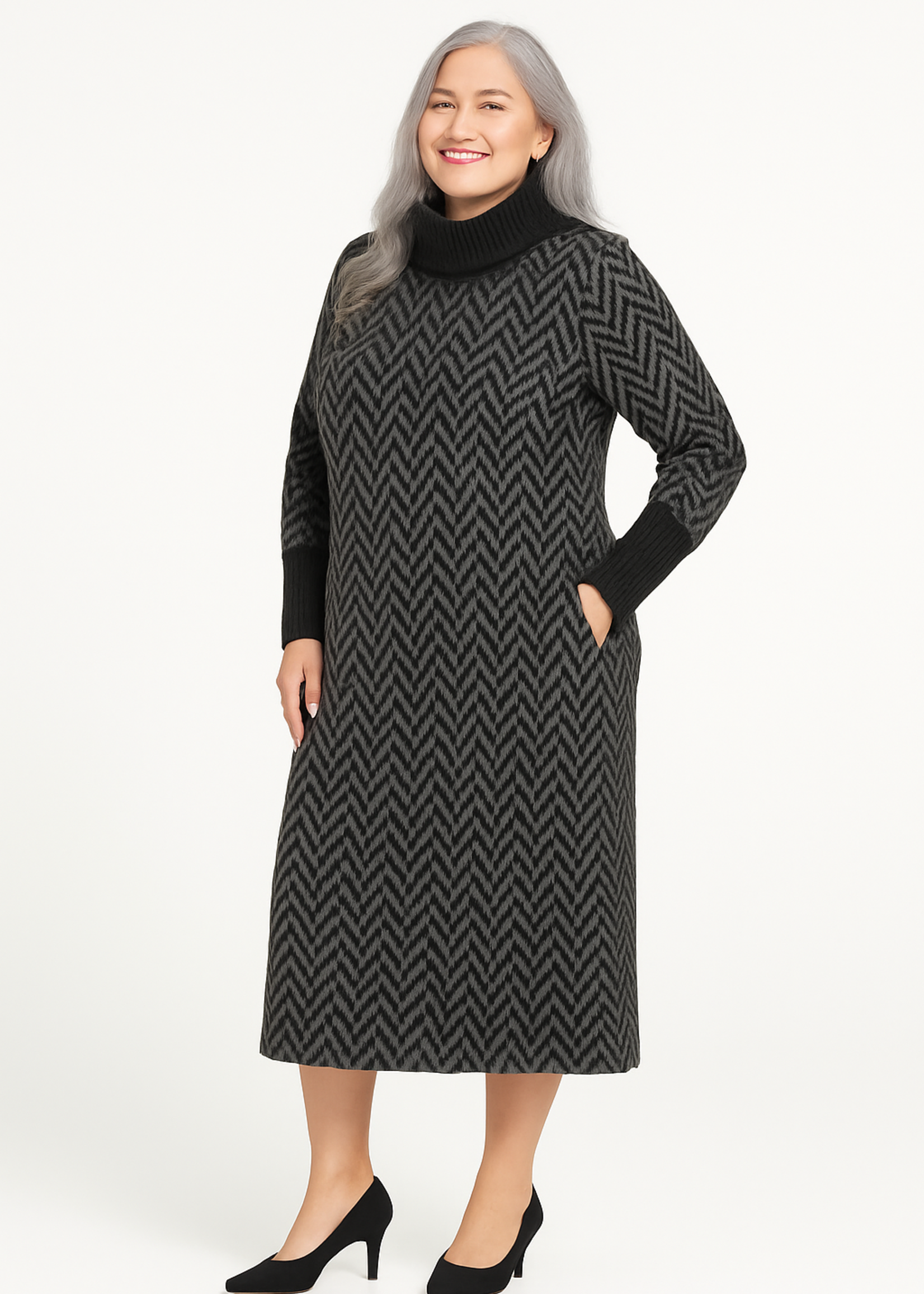Mona Lisa Gebreide jurk met wijde col – stijlvol, comfortabel en flatterend