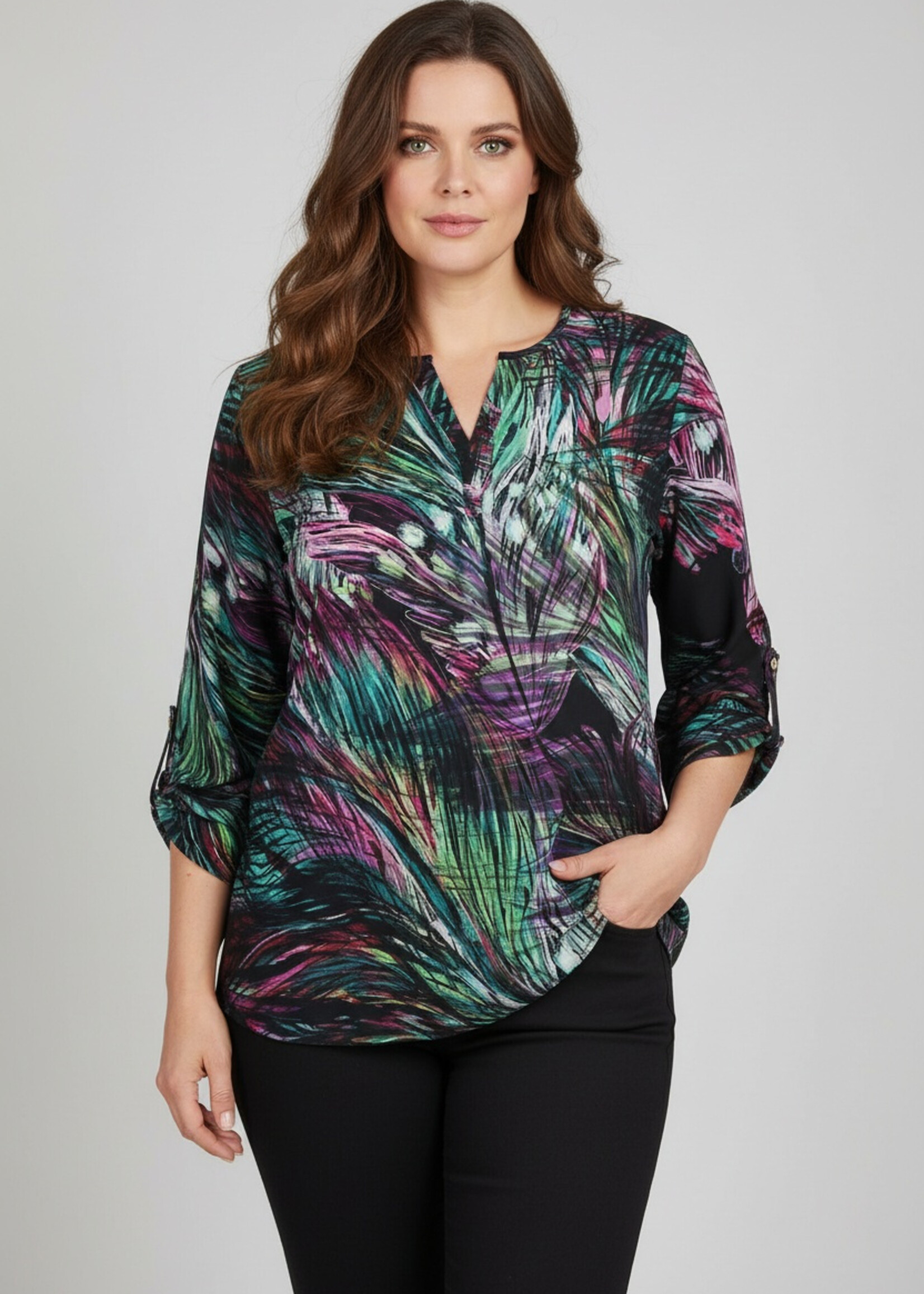 Doris Streich Blouse van Doris Streich in zwart, paars en groen – stijlvolle plus size lange blouse
