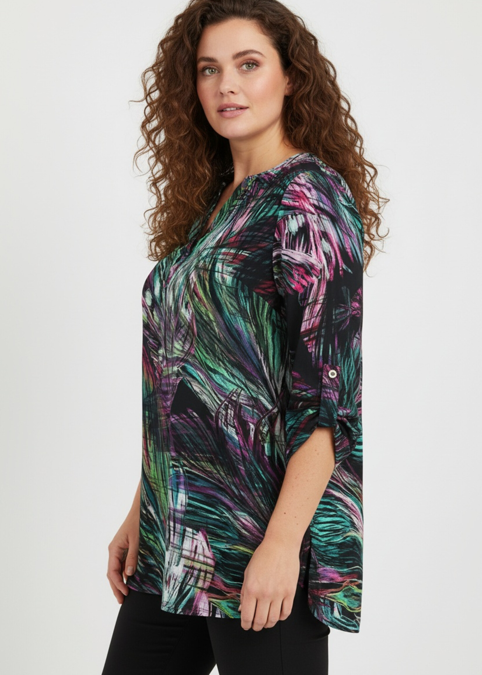 Doris Streich Blouse van Doris Streich in zwart, paars en groen – stijlvolle plus size lange blouse
