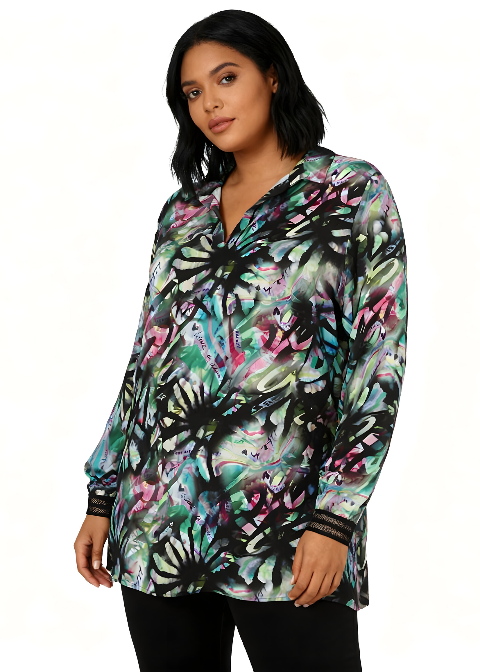 Doris Streich Doris Streich blouse – gestyleerde bloemenprint op zwarte basis