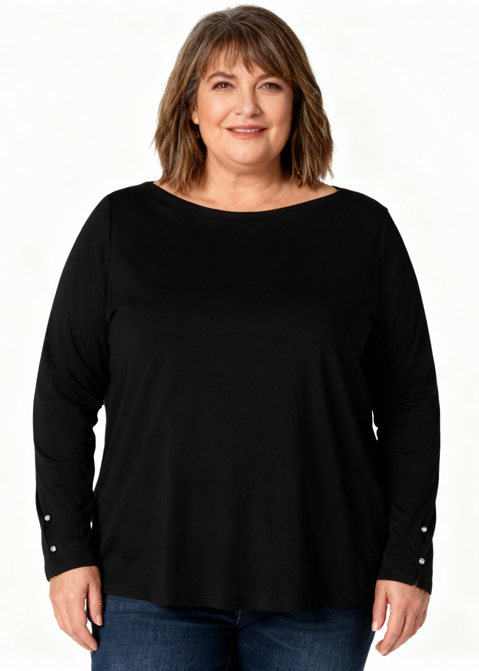Yest Curve Yest Curve shirt – zwart met boothals en knoopdetail aan de mouw