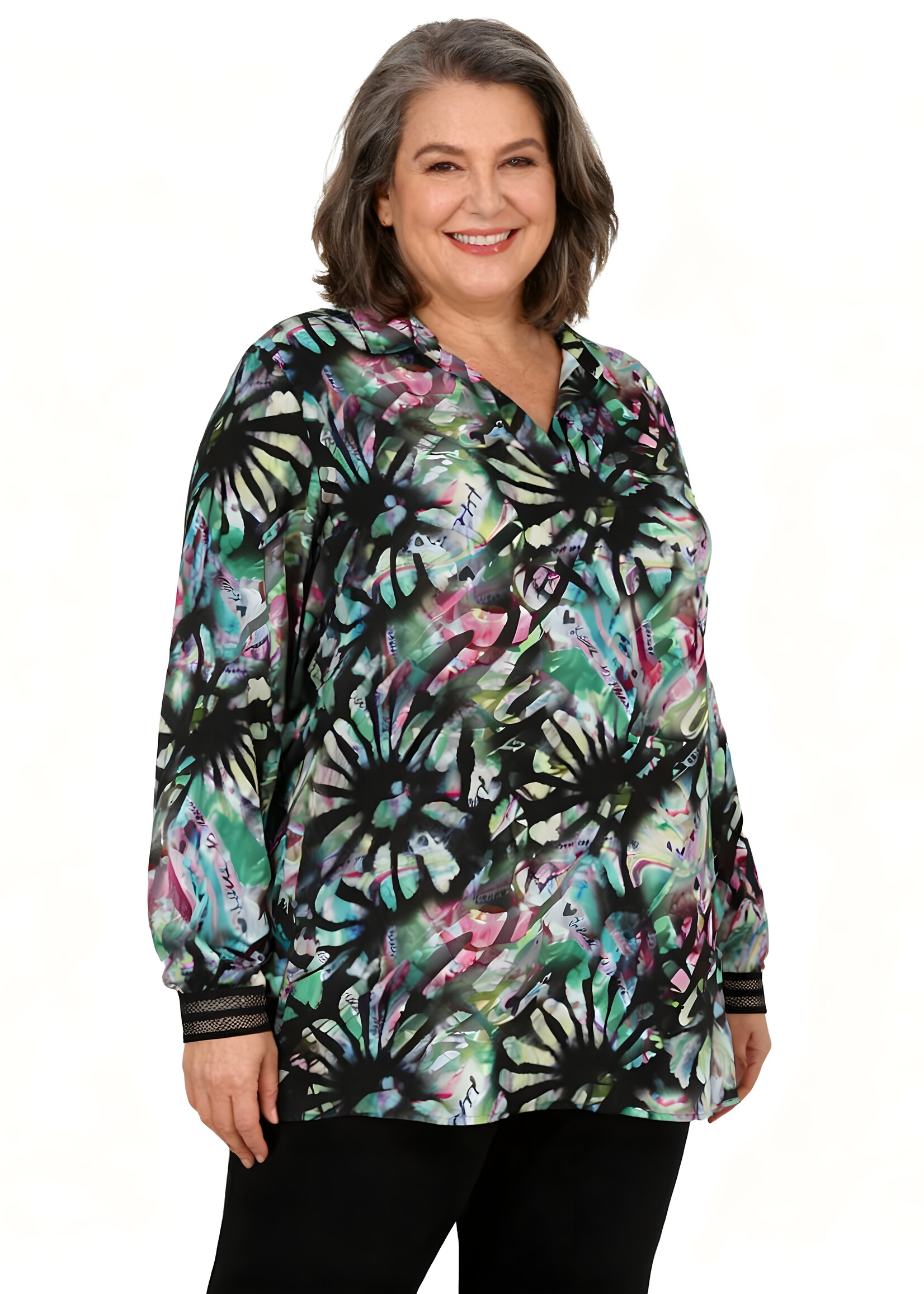 Doris Streich Doris Streich blouse – gestyleerde bloemenprint op zwarte basis